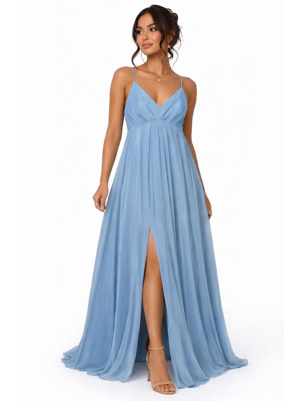 Azazie Dusty Blue Chiffon Maxi Gown – Flowy Formal / Bridesmaid Dress